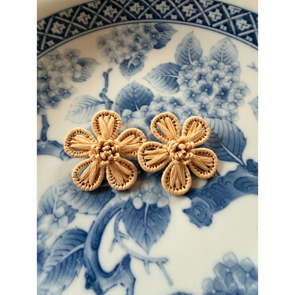 J.Crew Rattan Floral Stud Earrings Natural Woven Flower 1.5"